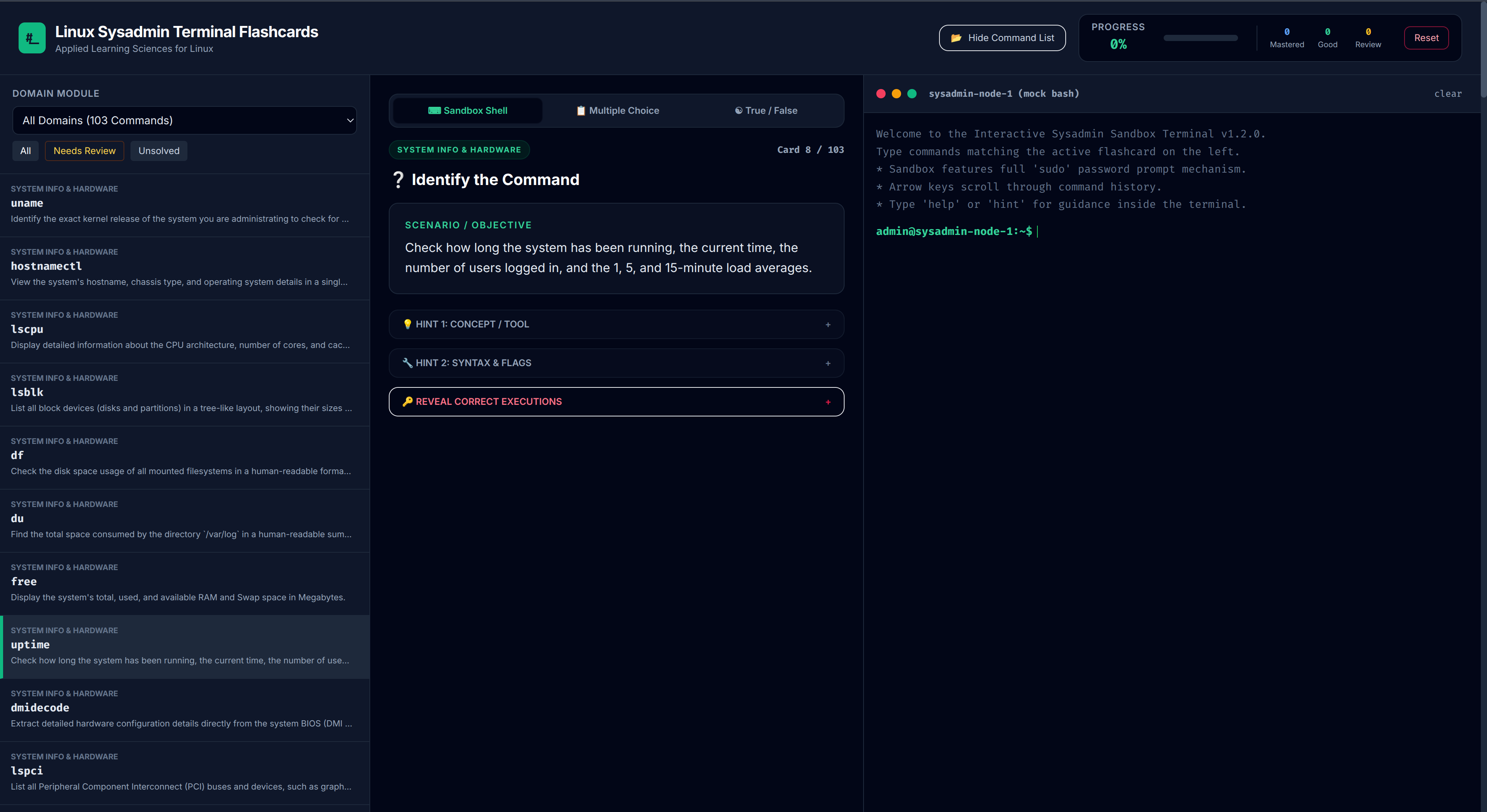 Linux Sysadmin Terminal Flashcards uptime practice card